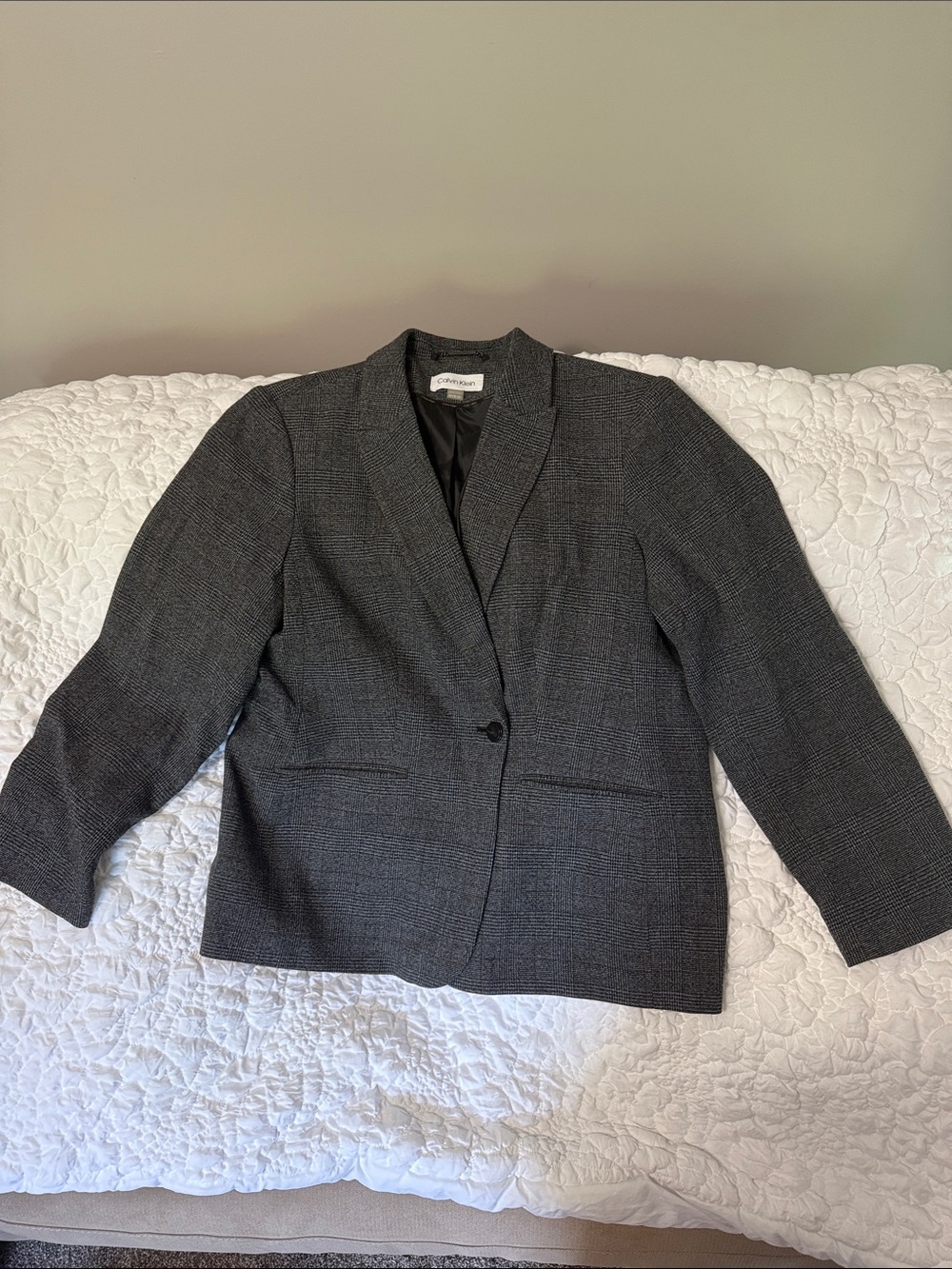 Calvin Klein Dark Gray plaid tweed print Single-Button Blazer